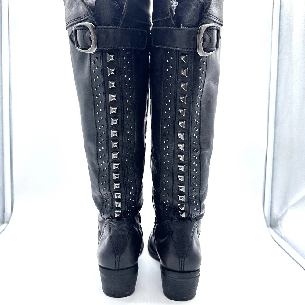 Vince Camuto Bollo Black Leather Knee High Biker Moto Goth Studded Boots 6.5 B - Picture 4 of 16